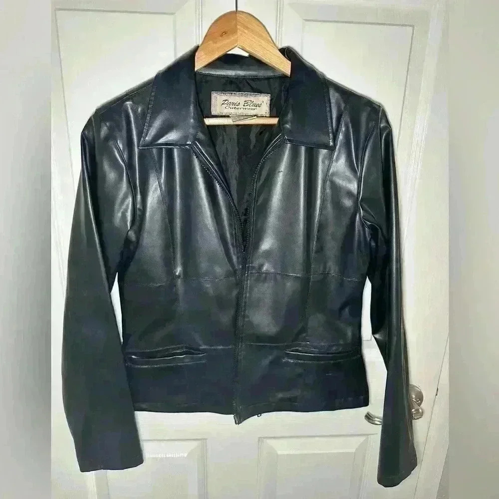Paris Blues Black Pleather Full Zip Jacket Ladies size Medium Pockets